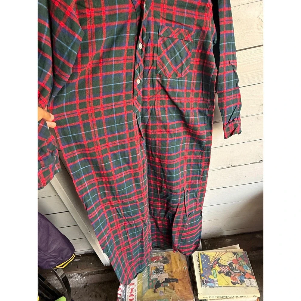 LL Bean Vintage Flannel Nightgown Red Green Plaid Long Sleeve Sleep Dress Womens